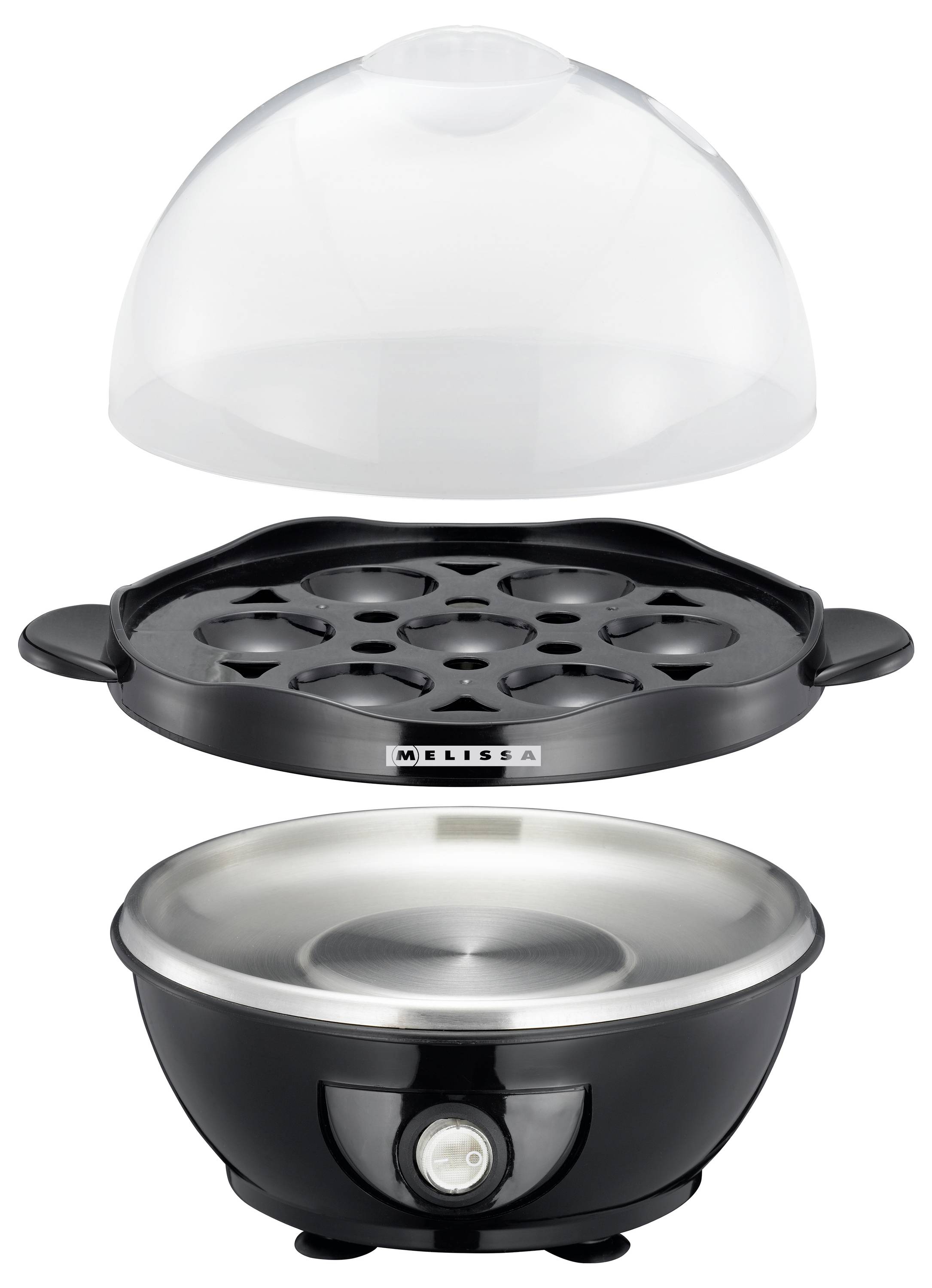 Ein elektrischer Eierkocher mit transparentem Deckel, schwarzer und silberner Basis und herausnehmbarem Eierkorb zum Dämpfen von bis zu sieben Eiern gleichzeitig.