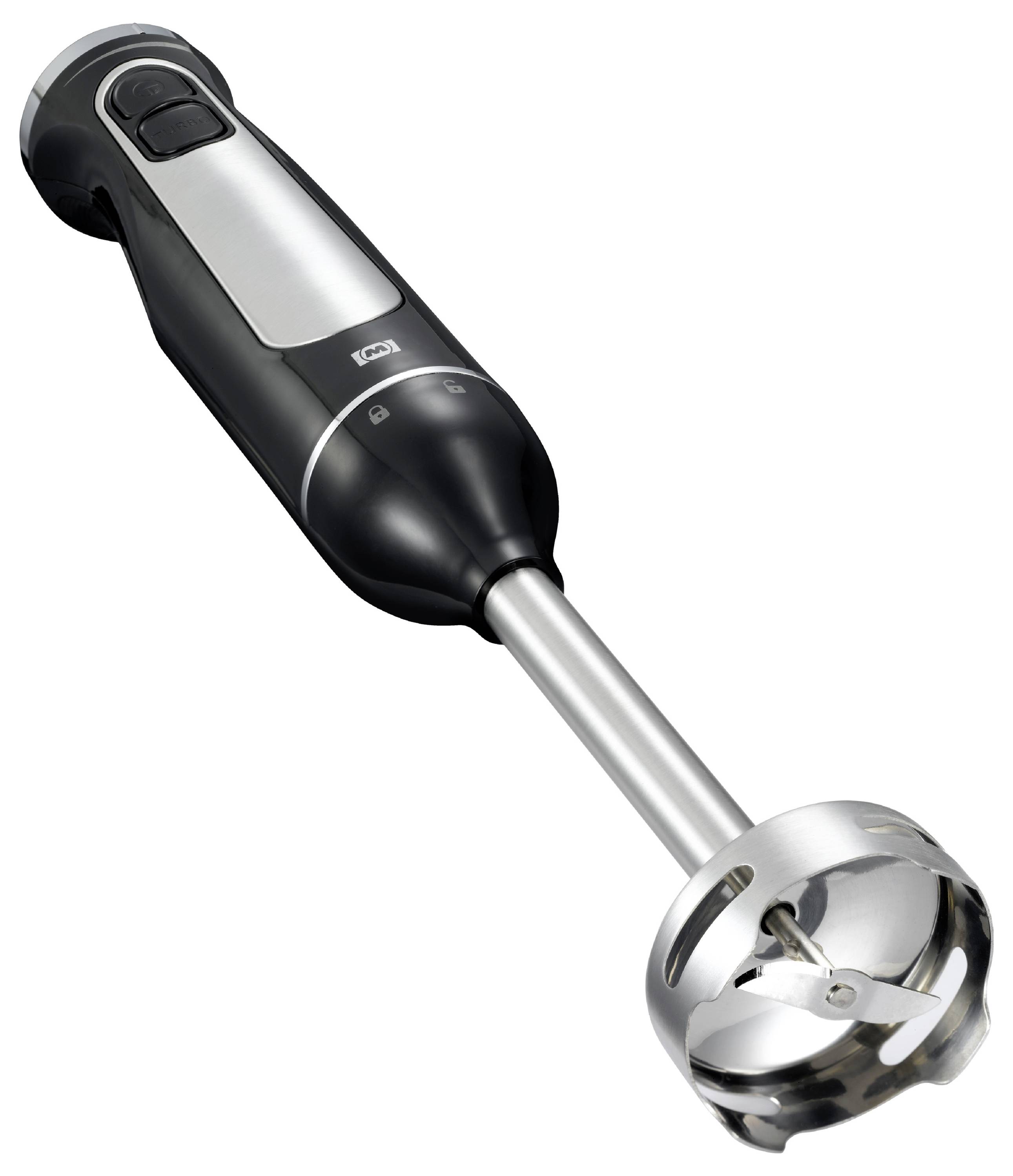 Stabmixer mit schwarzem Griff, silberner Mixstange und Edelstahlklinge. Verwendet zum Mischen oder Pürieren von Lebensmitteln.
