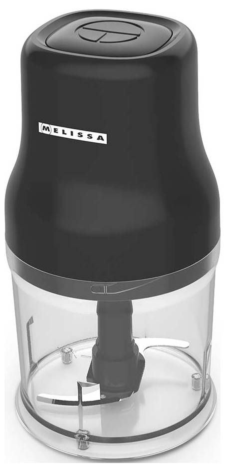 Ein schwarzer und transparenter Küchenzerkleinerer mit Metallklingen, versehen mit einem Logo auf der Oberseite.