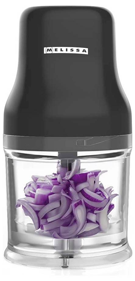 Elektrohacker der Marke 'Melissa' in Schwarz und Transparent mit violetten Zwiebfelscheiben im Inneren, der ein kompaktes Design für einfaches Zerkleinern zeigt.