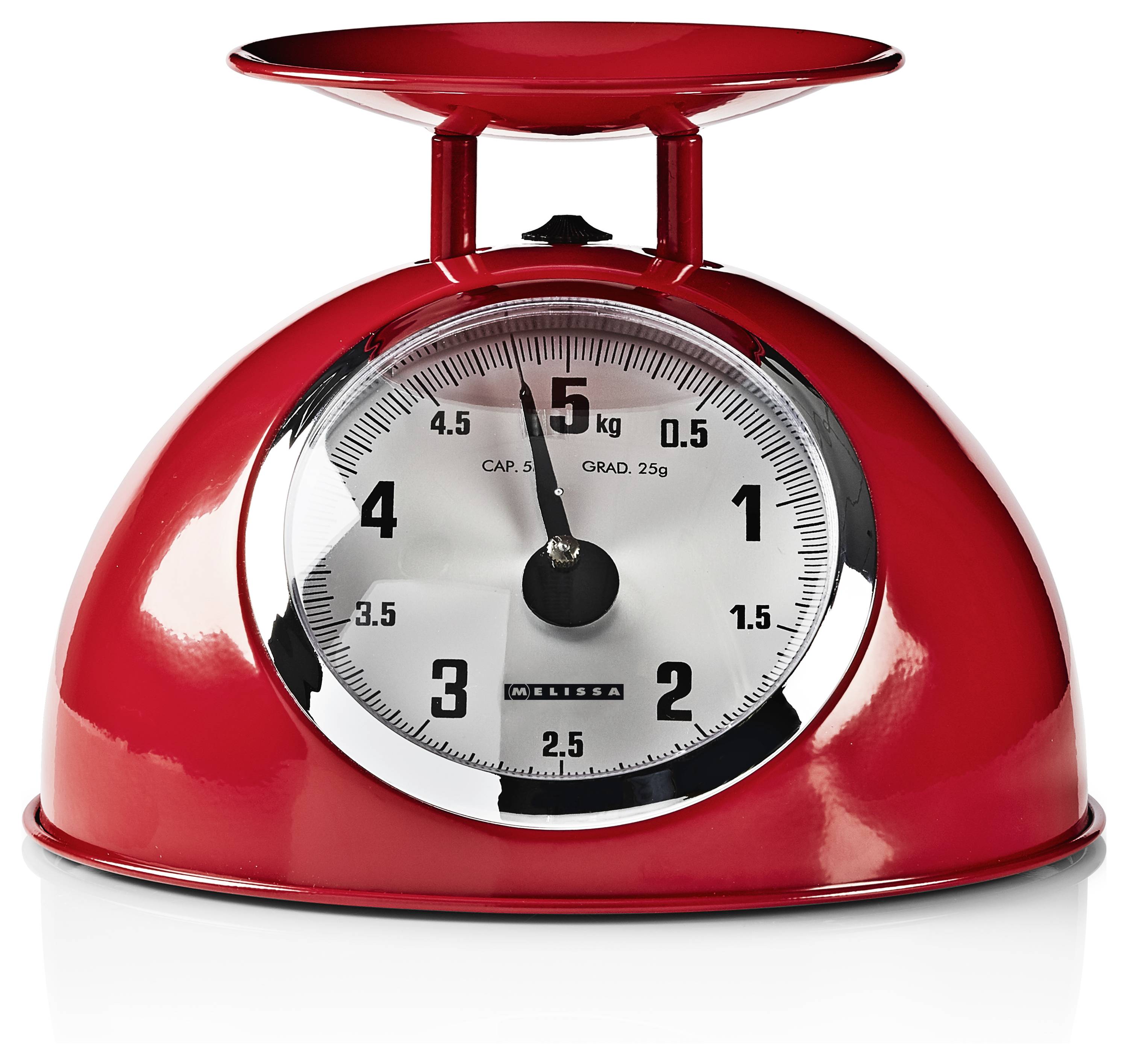 Eine rote analoge Küchenwaage, die ein Gewicht von nahezu 2,5 Kilogramm anzeigt.