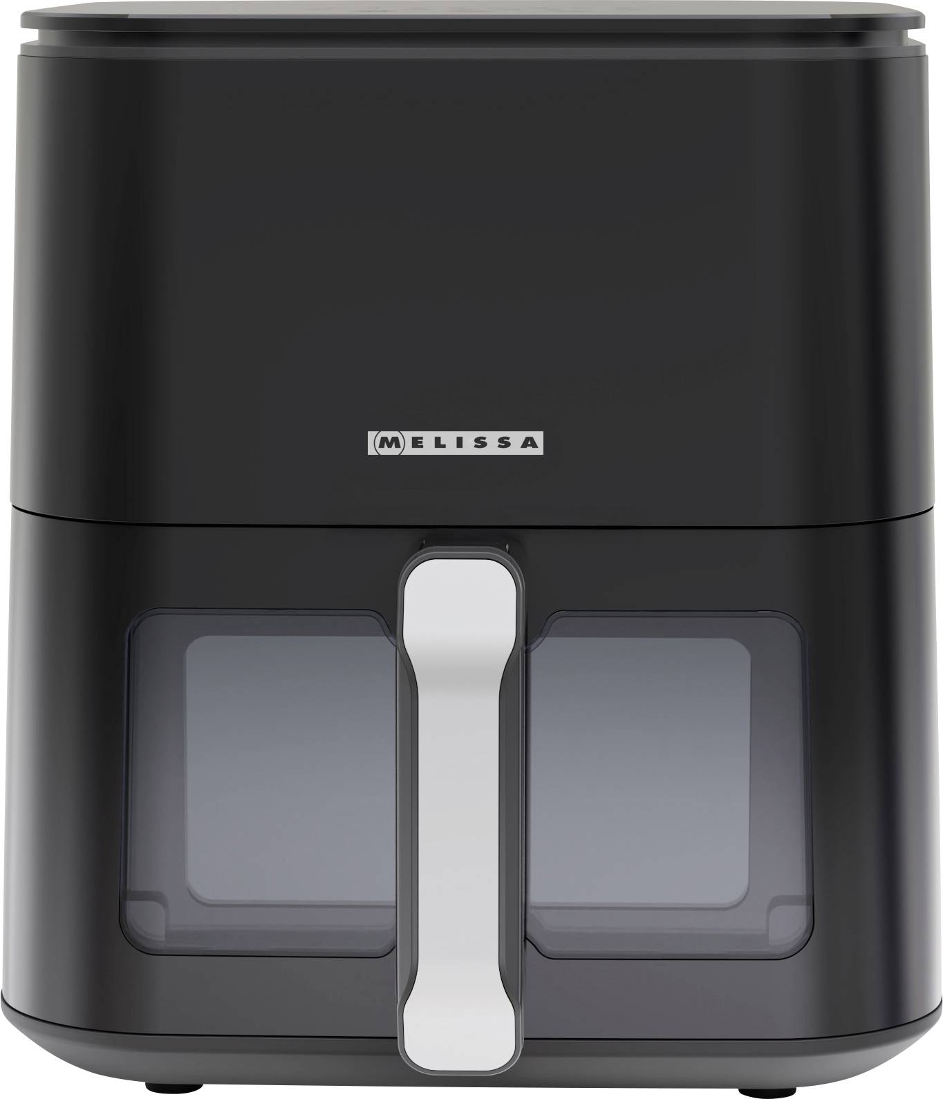 Ein schwarzer Heißluftfritteur mit einem transparenten unteren Abschnitt und einem silbernen Griff, mit dem Markennamen 'Melissa' in der Mitte oben.