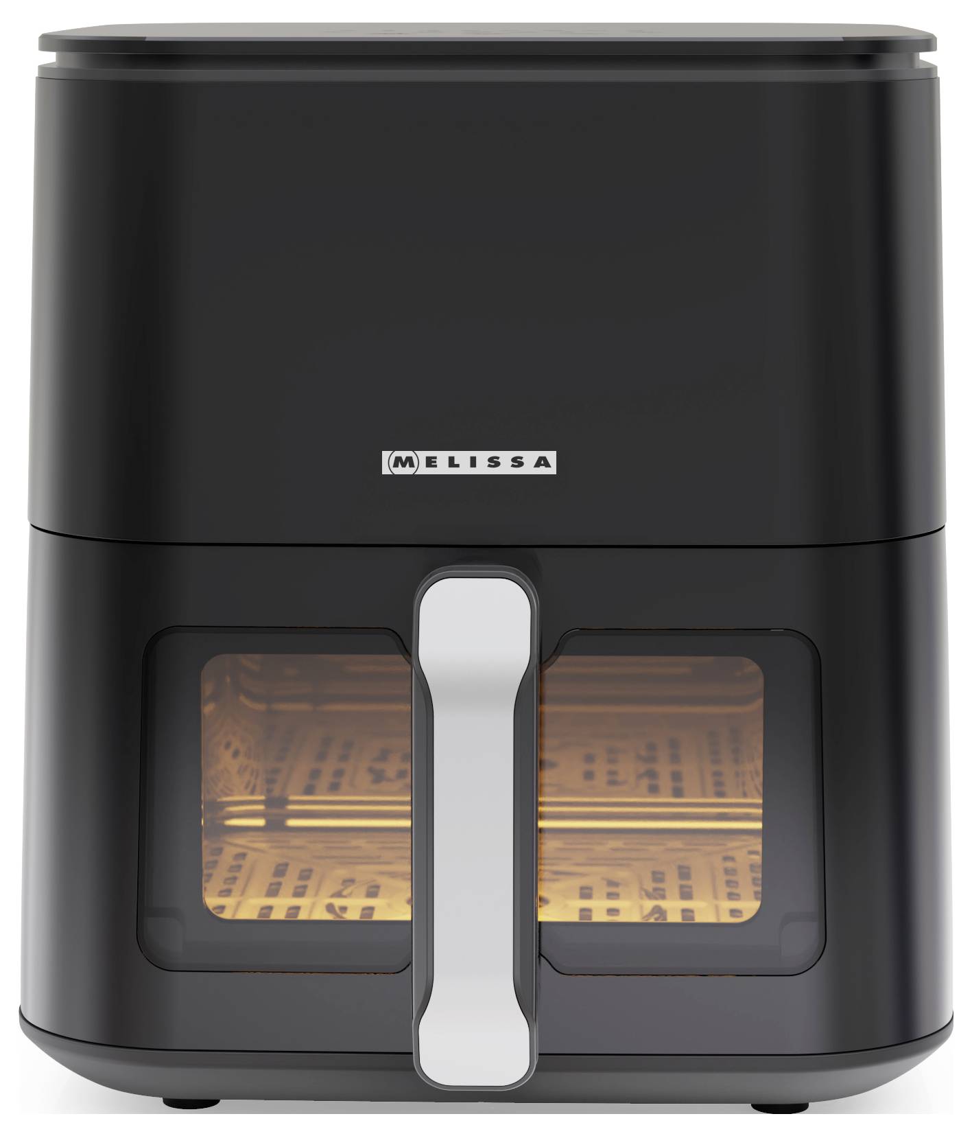 Ein schwarzer Heißluftfritteur mit einer Tür mit Sichtfenster, der den Innenbereich zum Kochen zeigt. Das Markenlogo ist auf der Vorderseite sichtbar.