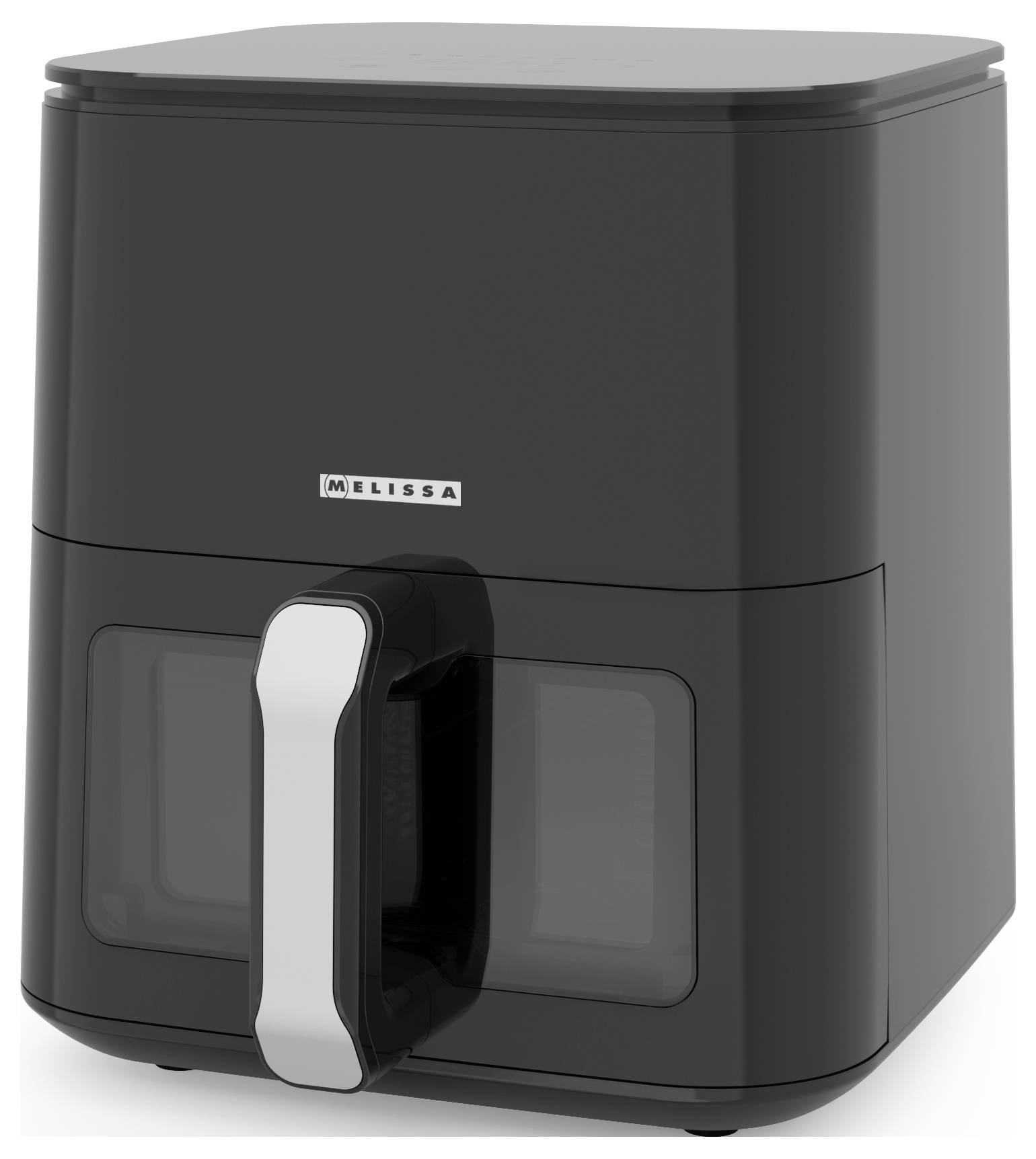 Ein schwarzer rechteckiger Heißluftfritteuse mit einem Frontgriff und einem klaren Displaybildschirm. Der Markenname ist auf der Vorderseite gedruckt.