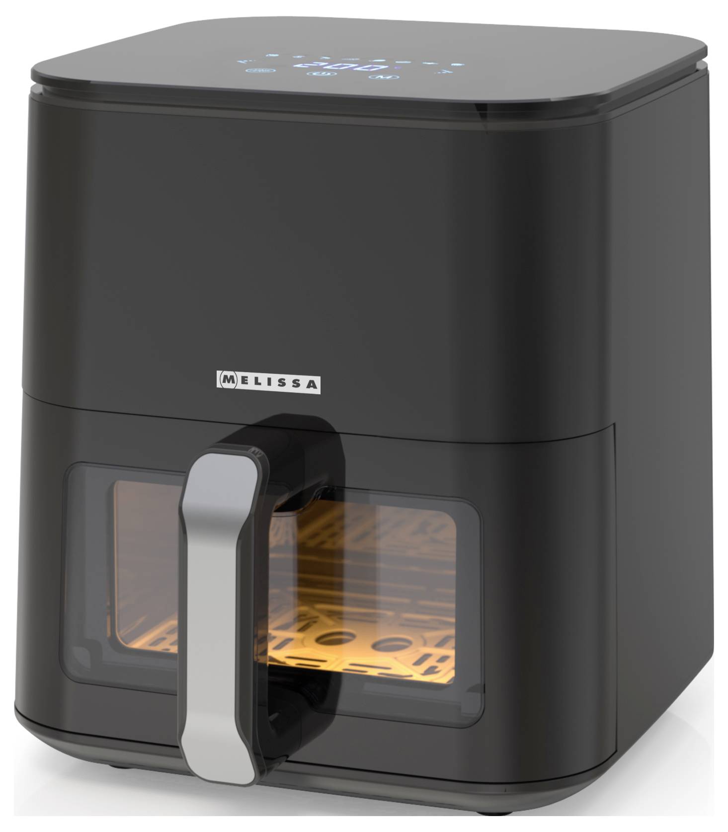 Ein schwarzer Heißluftfritteur mit einem transparenten Fenster, das Licht im Inneren zeigt, mit der Markenbezeichnung 'Melissa' auf der Vorderseite und einer digitalen Anzeige auf der Oberseite.