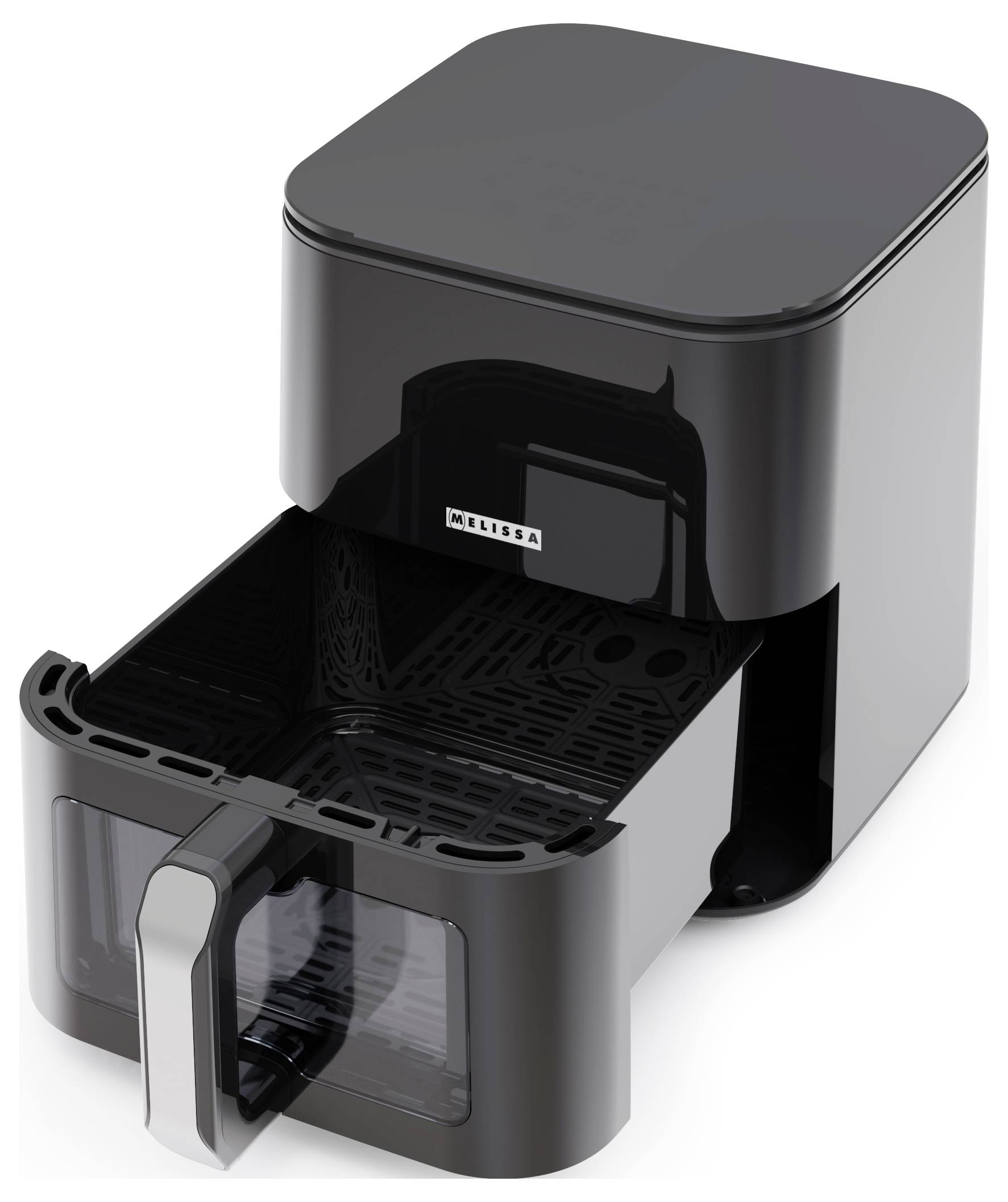 Ein moderner, schwarzer Heißluftfritteuse mit einem herausziehbaren Korb, der leicht geöffnet ist. Sie zeichnet sich durch ein schlankes Design und ein digitales Bedienfeld auf der Oberseite aus.