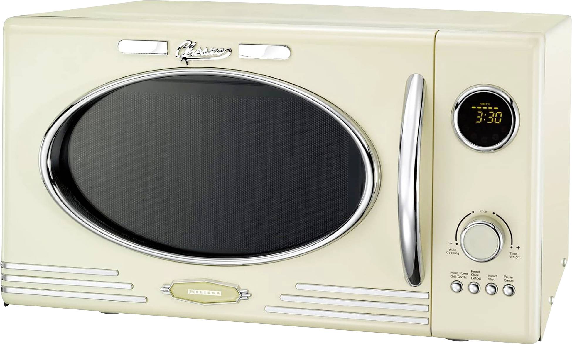 Ein Retro-Stil-Mikrowellenherd in Cremeweiß mit Chromgriff und ovalem Fenster. Die digitale Anzeige zeigt '3:30'. Das Bedienfeld umfasst Drehregler und Tasten.