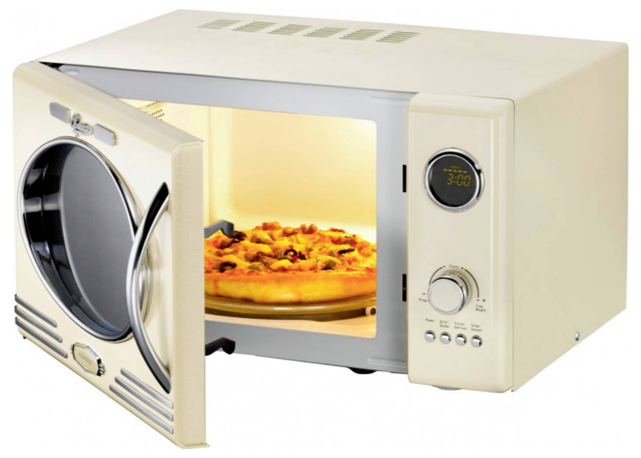 Ein Mikrowellenherd im Retro-Stil mit geöffneter Tür, in der eine fertig gebackene Pizza zu sehen ist. Das Bedienfeld zeigt die Zeit '3:00'.
