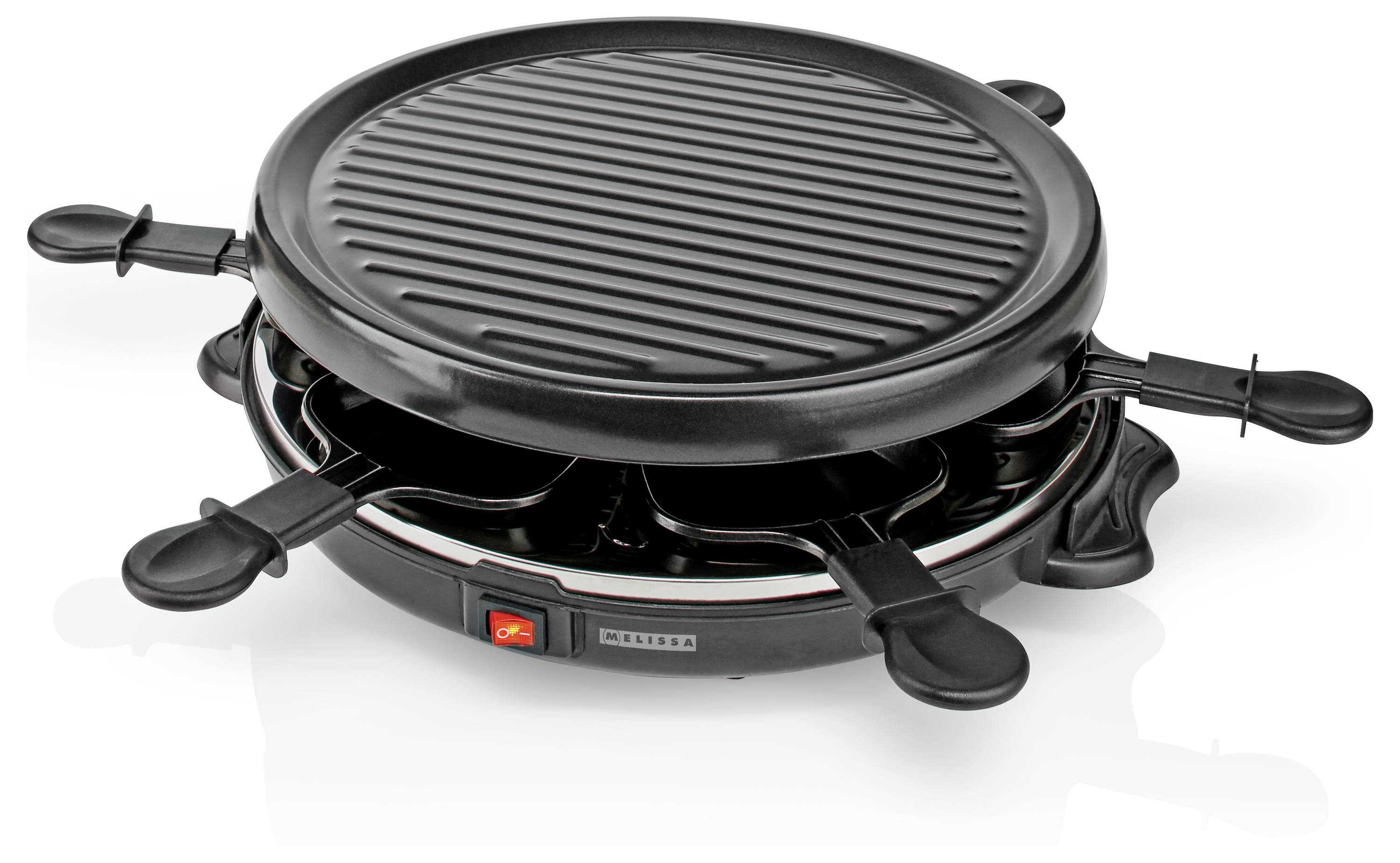 Runde elektrische Raclette-Grillplatte mit mehreren kleinen Pfännchen zum Kochen, mit gerippter Oberfläche und einstellbarem Temperaturregler.