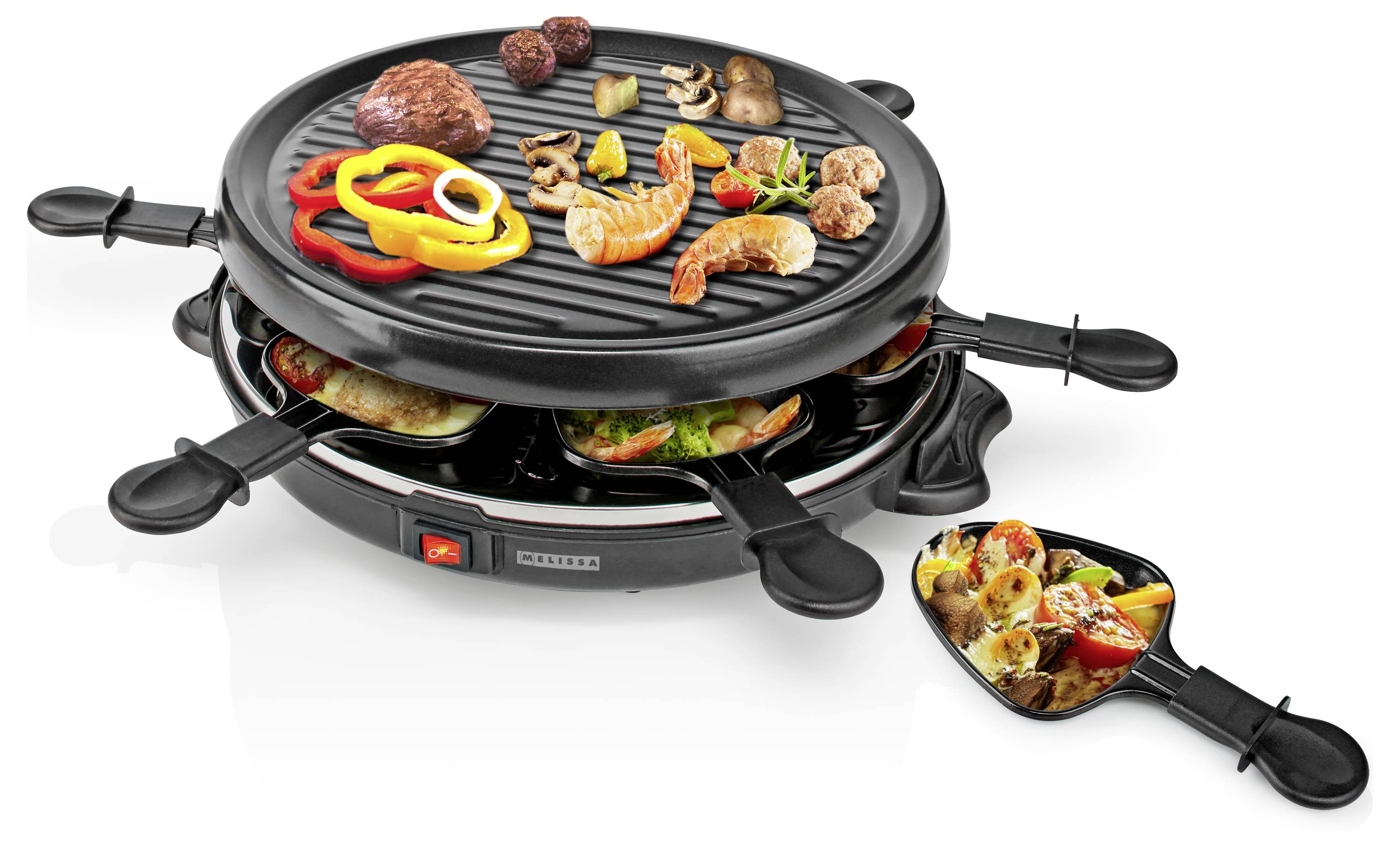 Elektrischer Tischgrill mit verschiedenen Fleisch- und Gemüsesorten auf der Oberfläche und individuellen Pfännchen mit gekochten Speisen darunter.