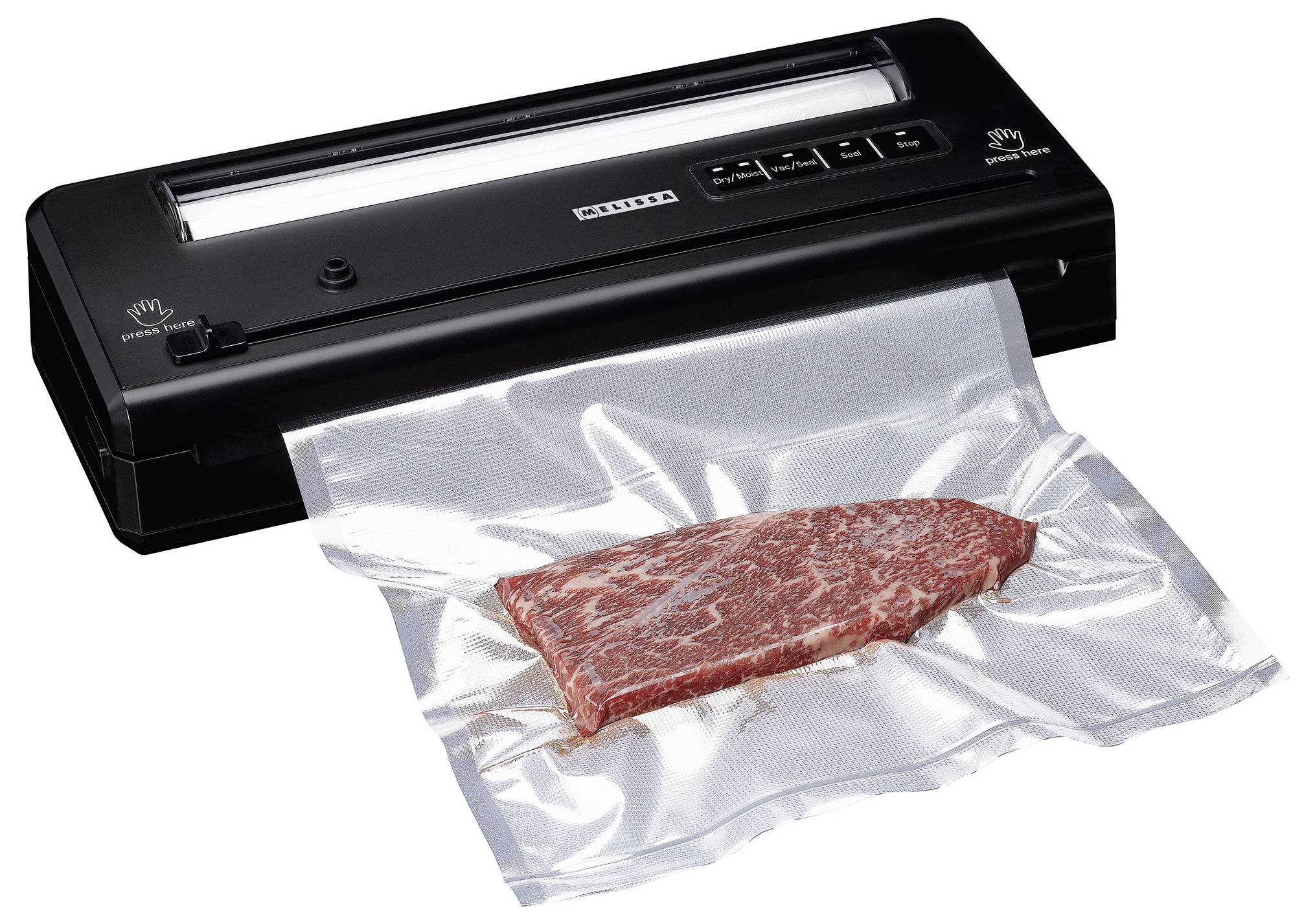 Ein Vakuumversiegelungsgerät, das ein Stück rohes Steak in einen Plastikbeutel verpackt und veranschaulicht, wie das Gerät Lebensmittel durch Luftentfernung konserviert.