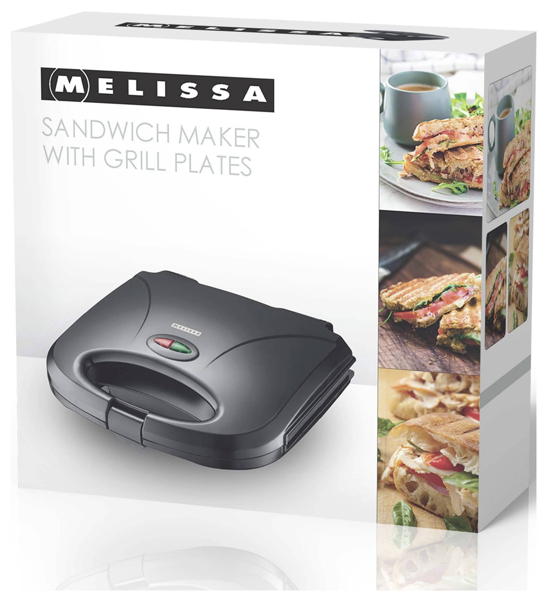 Karton von 'Melissa Sandwich Maker mit Grillplatten', der vier Bilder von Sandwiches und ein Getränk seitlich zeigt.