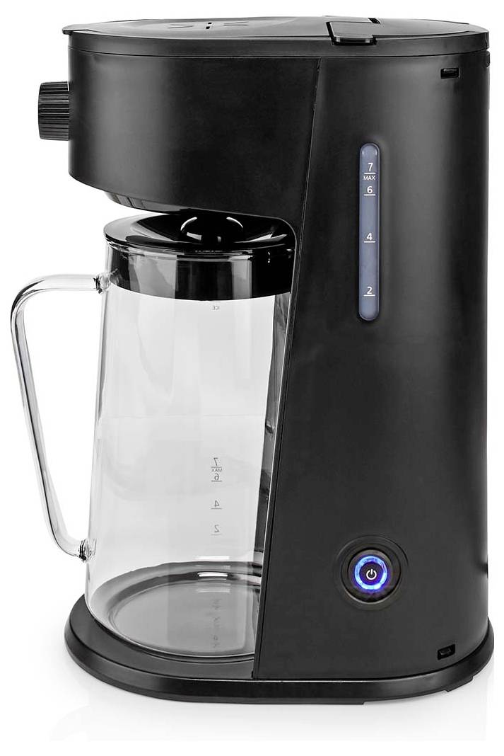 Ein schwarzer Kaffeemaschine mit einer Glaskanne, ausgestattet mit einem Wasserstandsanzeiger an der Seite und einem Einschaltknopf am vorderen unteren Rand.