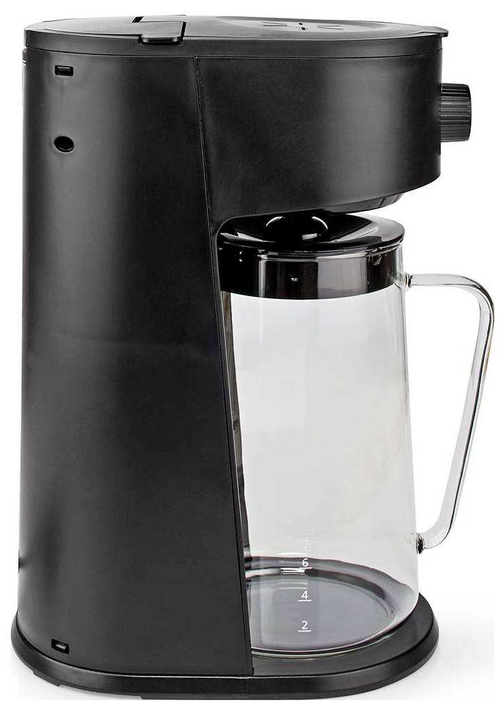 Ein schwarzer, moderner Kaffeebereiter mit einer durchsichtigen Glaskanne mit Messmarkierungen.