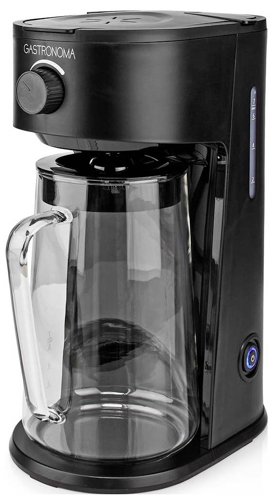 Eine schwarze elektrische Kaffeemaschine mit einer Glaskanne und einem Einschaltknopf auf der rechten Seite.