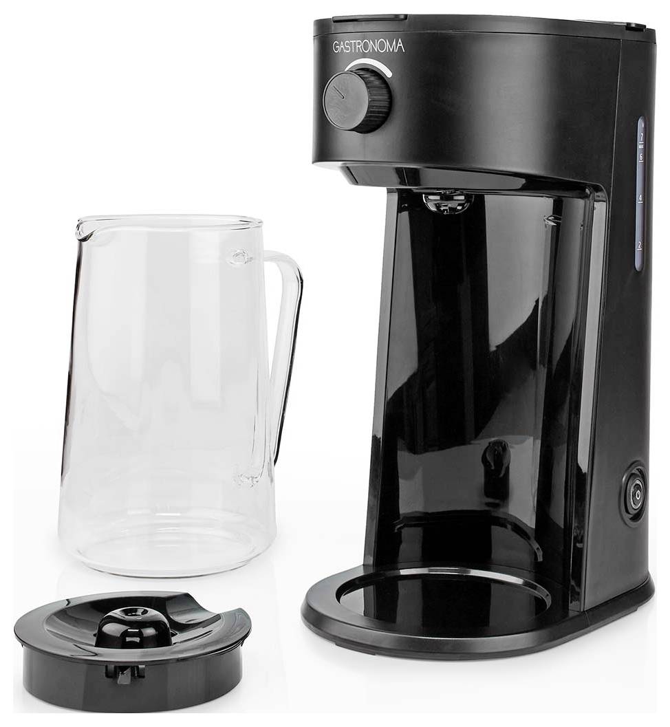 Schwarzer Kaffeebereiter mit Glaskanne und Deckel, der sein schlankes Design und moderne Ästhetik zur Geltung bringt.