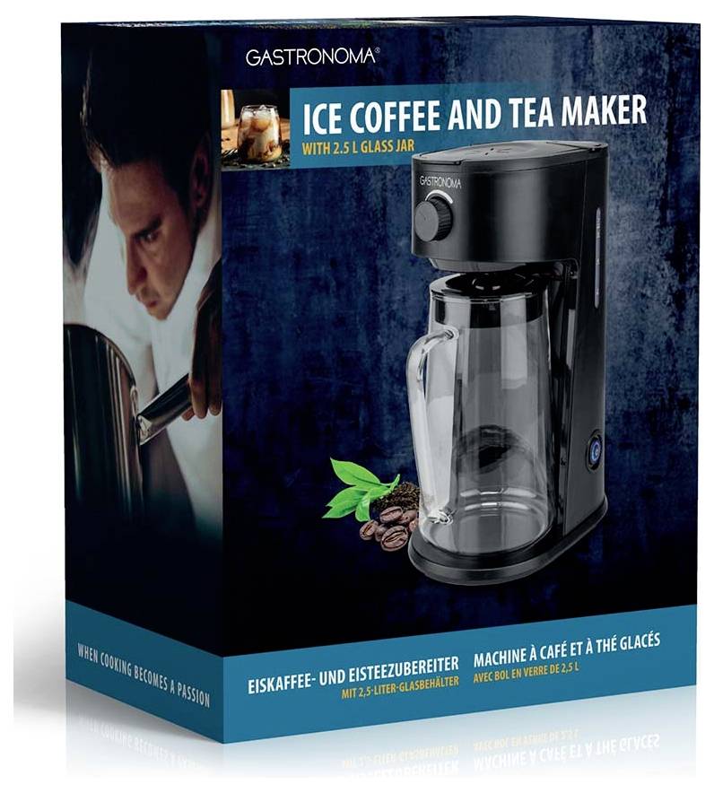 Eisgekühlte Kaffee- und Teemaschine' Verpackung mit Bild des Geräts, einem Glaskrug und Kaffeebohnen. Der Markenname 'Gastronoma' ist oben sichtbar.