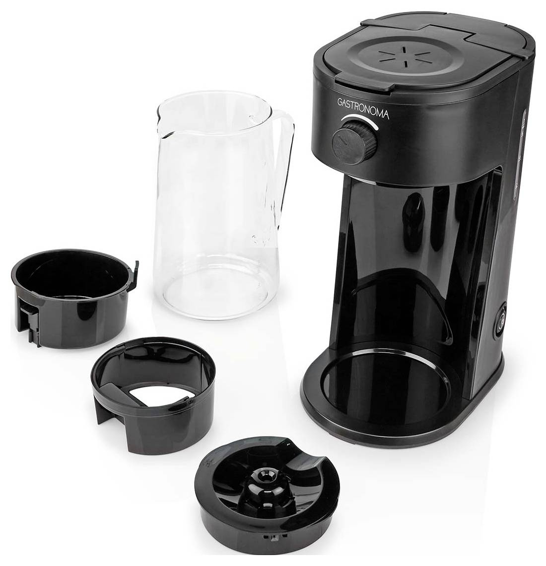 Eine schwarze Kaffeemaschine für Einzelportionen mit einem transparenten Wasserkrug und drei herausnehmbaren Teilen, die daneben ausgelegt sind.