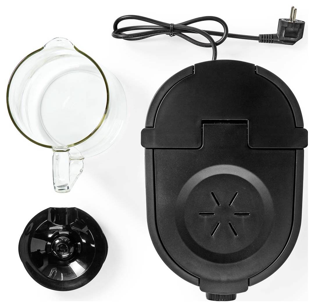 Ein durchsichtiger Glaskaffeekanne, schwarzer Kaffeemaschine und Netzkabel mit Stecker, von oben betrachtet.