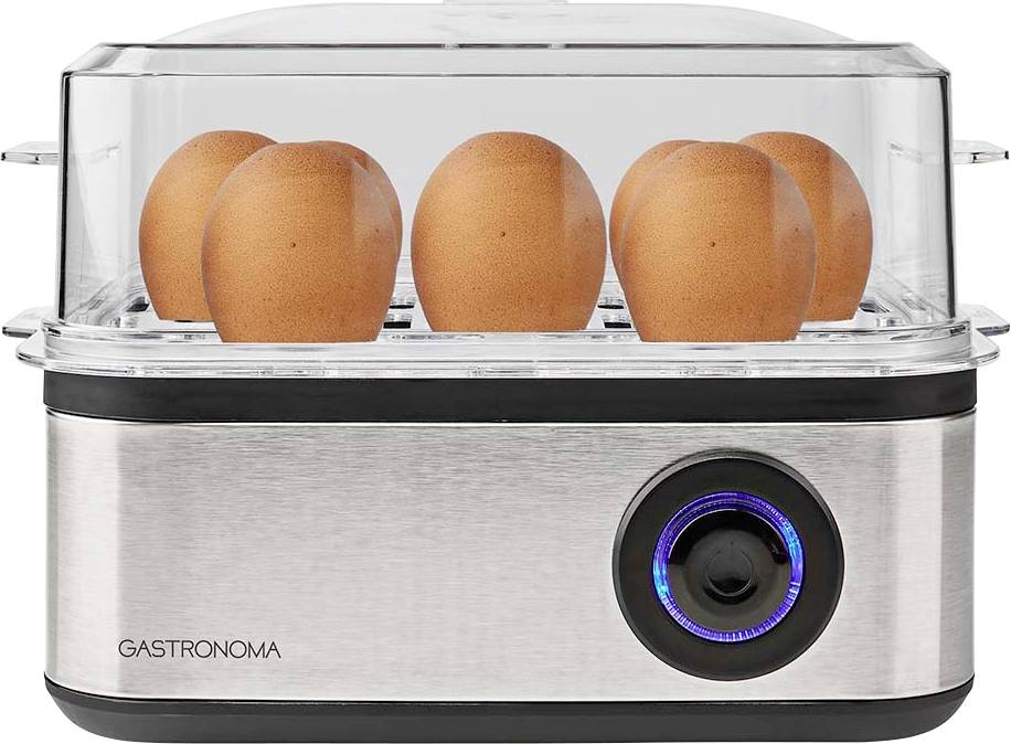 Eierkocher mit sechs braunen Eiern in einem silber-schwarzen Design, ausgestattet mit einem transparenten Deckel und einem blau beleuchteten Bedienknopf an der Vorderseite.