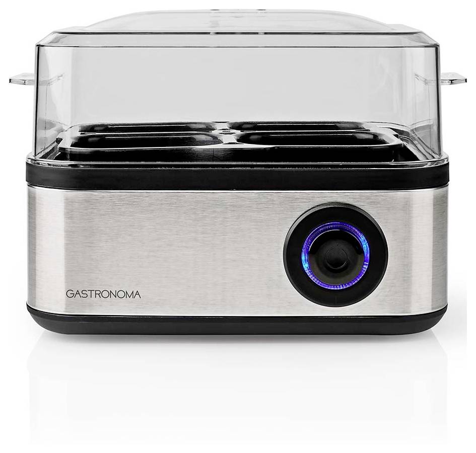 Ein kompakter Eierkocher aus Edelstahl mit durchsichtigem Deckel, ausgestattet mit einem schwarzen Bedienungsknopf, der von einem blauen Licht beleuchtet wird.