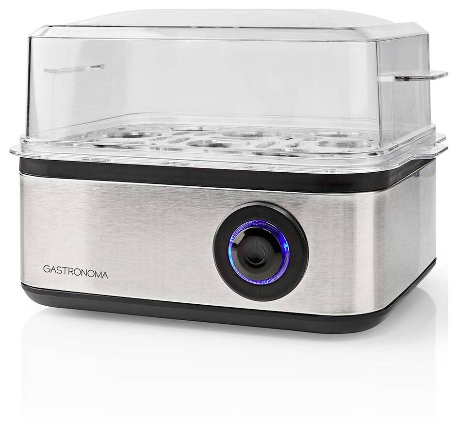 Ein eleganter, edelstahlerner Küchenapparat mit transparentem Deckel, beschriftet mit 'Gastronoma', ausgestattet mit einer blau beleuchteten Einschaltknopf.