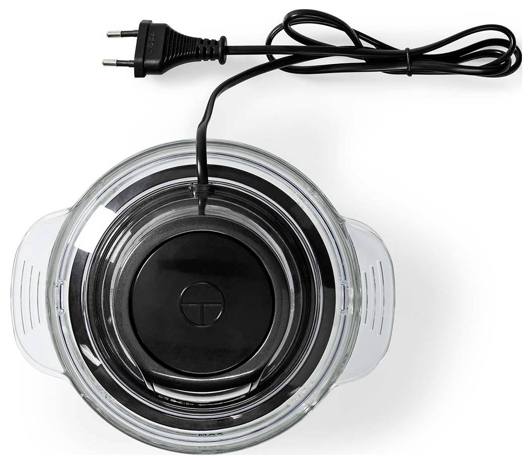 Elektrischer Stecker, der sich über einem runden Glasdeckel eines Geräts von oben gesehen aufwickelt.