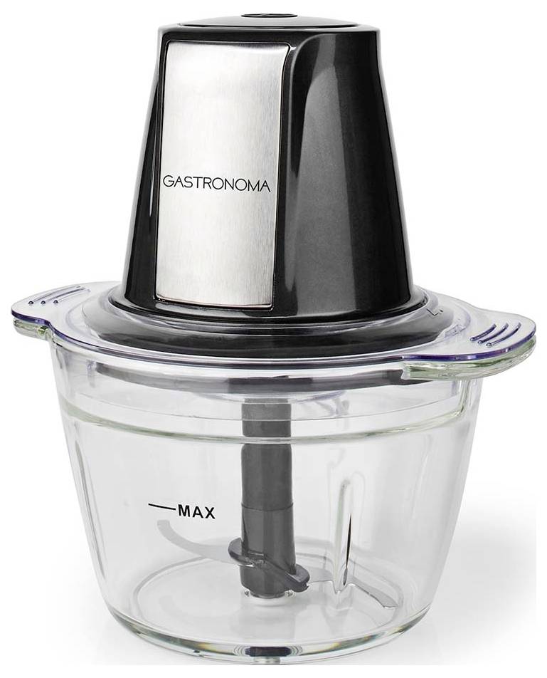 Ein Küchenhacker mit einem schwarzen Motorgehäuse, das oben mit 'Gastronoma' beschriftet ist. Die Glasschüssel verfügt über eine 'MAX' Füllstandslinie und eine sichtbare Klinge.