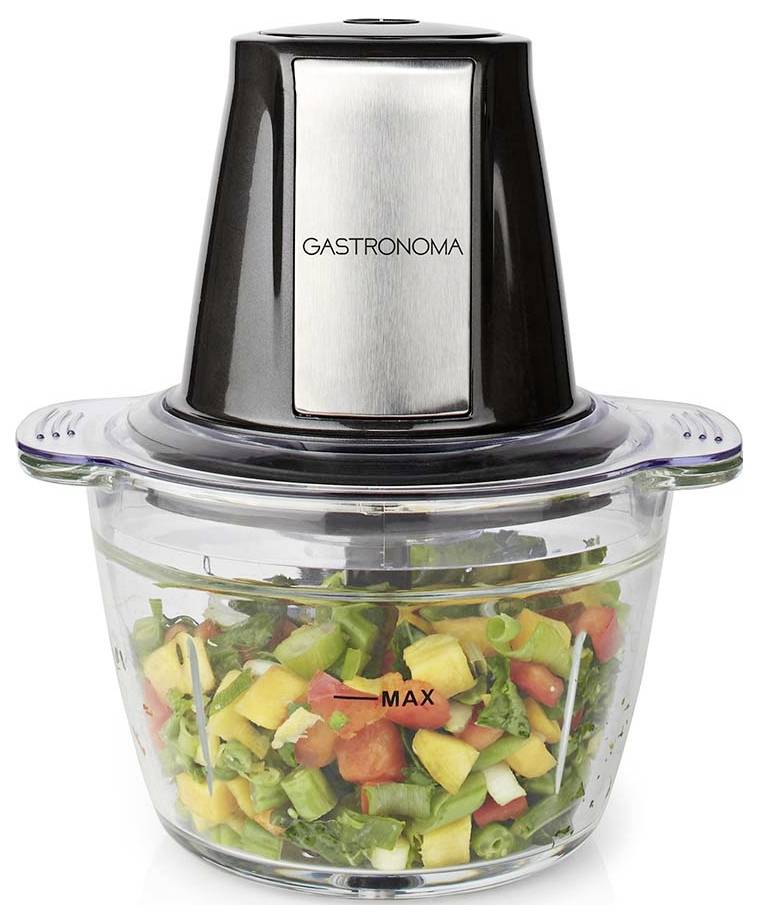 Glasküchenmaschinenbecher gefüllt mit gehacktem Gemüse, gekennzeichnet mit 'MAX'-Linie. Schwarzer Deckel trägt die Aufschrift 'GASTRONOMA'.