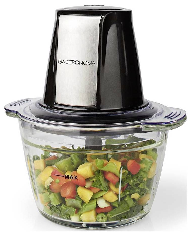Eine durchsichtige Glasschüssel eines Küchengeräts mit gehackten Gemüsestücken, auf der Oberseite mit 'GASTRONOMA' beschriftet und eine sichtbare 'MAX' Füllstandslinie.