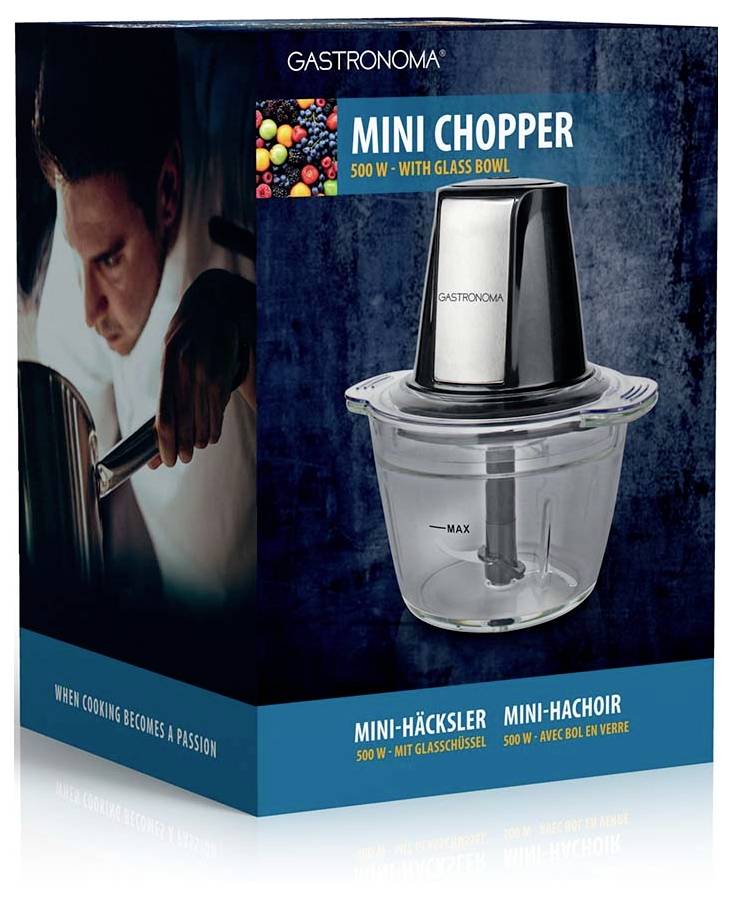 Das Bild zeigt eine Verpackung für einen Gastronoma Mini-Zerkleinerer mit einer Glasschüssel und einem eleganten Design. Der Text enthält '500 W - MIT GLASSCHÜSSEL.'
