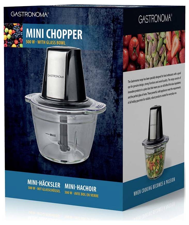 Gastronoma Mini-Zerkleinerer 500W mit Glasschüssel. Bild zeigt den Zerkleinerer auf blauem Hintergrund mit Gemüse und Text mit Produktmerkmalen.