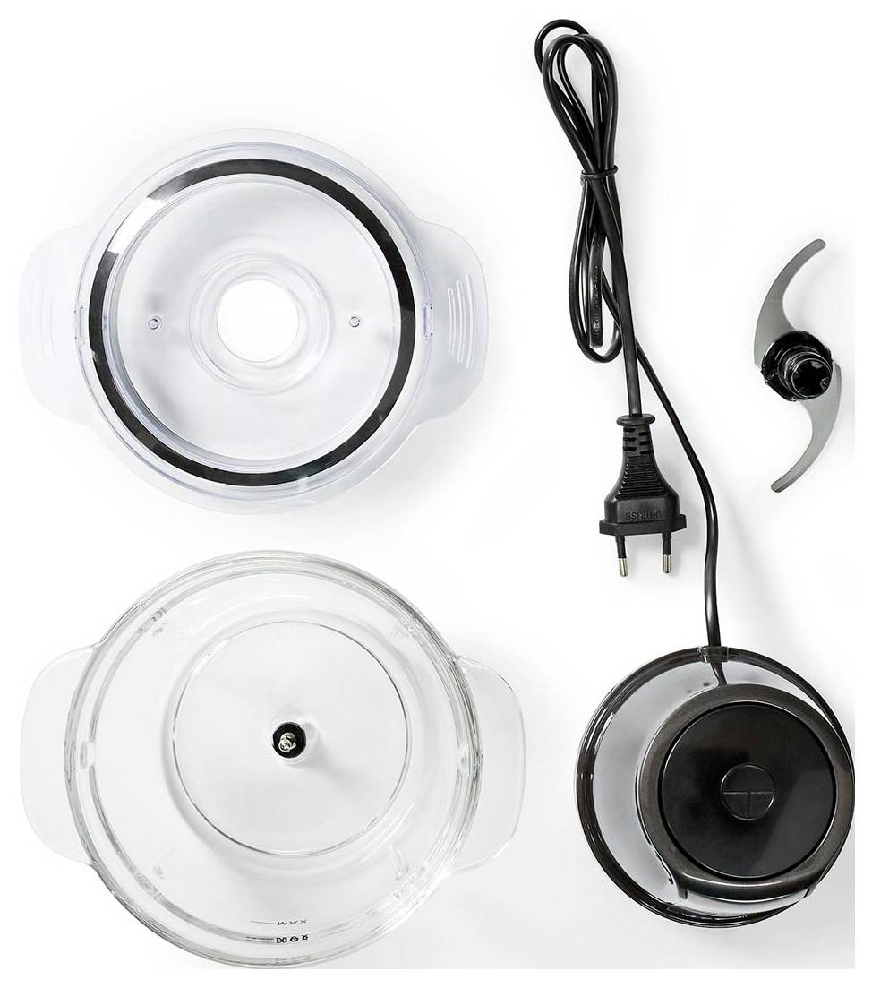 Küchenmaschinenkomponenten: zwei durchsichtige Schüsseln mit Deckeln, Netzkabel und eine Metallklinge.