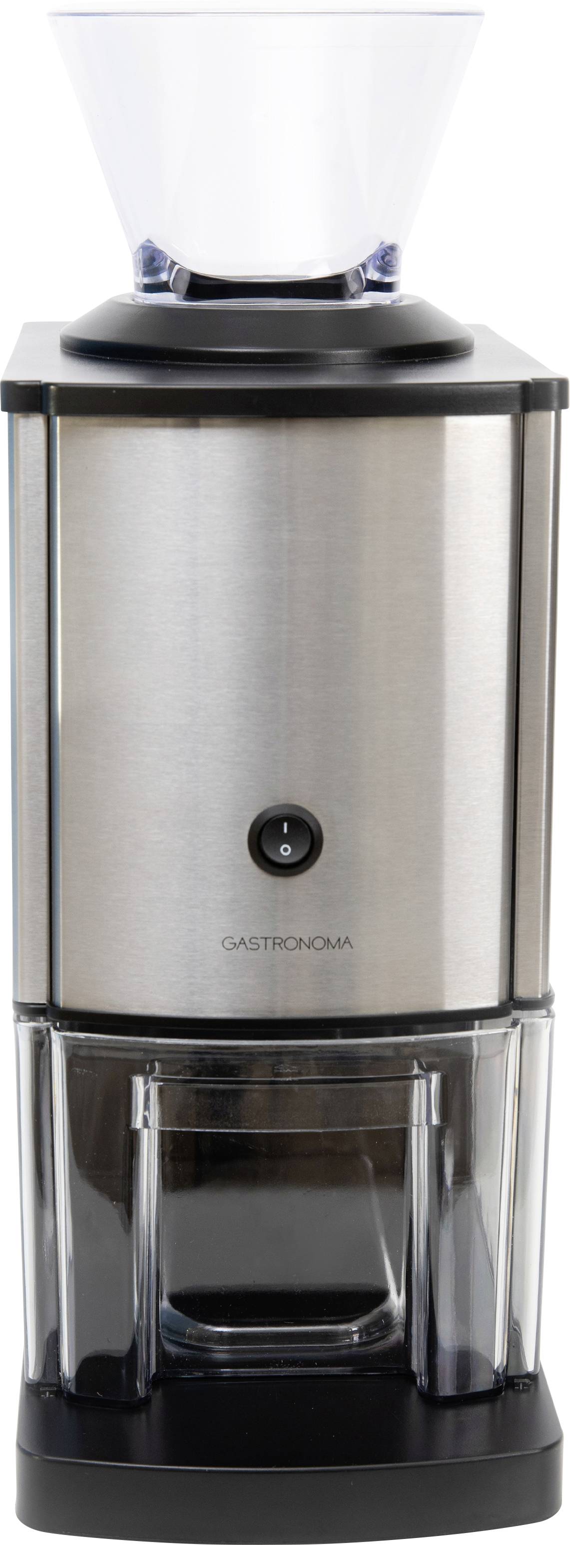 Eine Kaffeemühle aus Edelstahl mit einem transparenten Behälter am Boden und einer einzelnen Taste an der Vorderseite zur Bedienung.