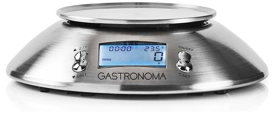 Eine digitale Küchenwaage mit einer runden Edelstahlplattform. Das Display zeigt '0' und '235g'. Der Markenname 'Gastronoma' befindet sich unter dem Bildschirm.