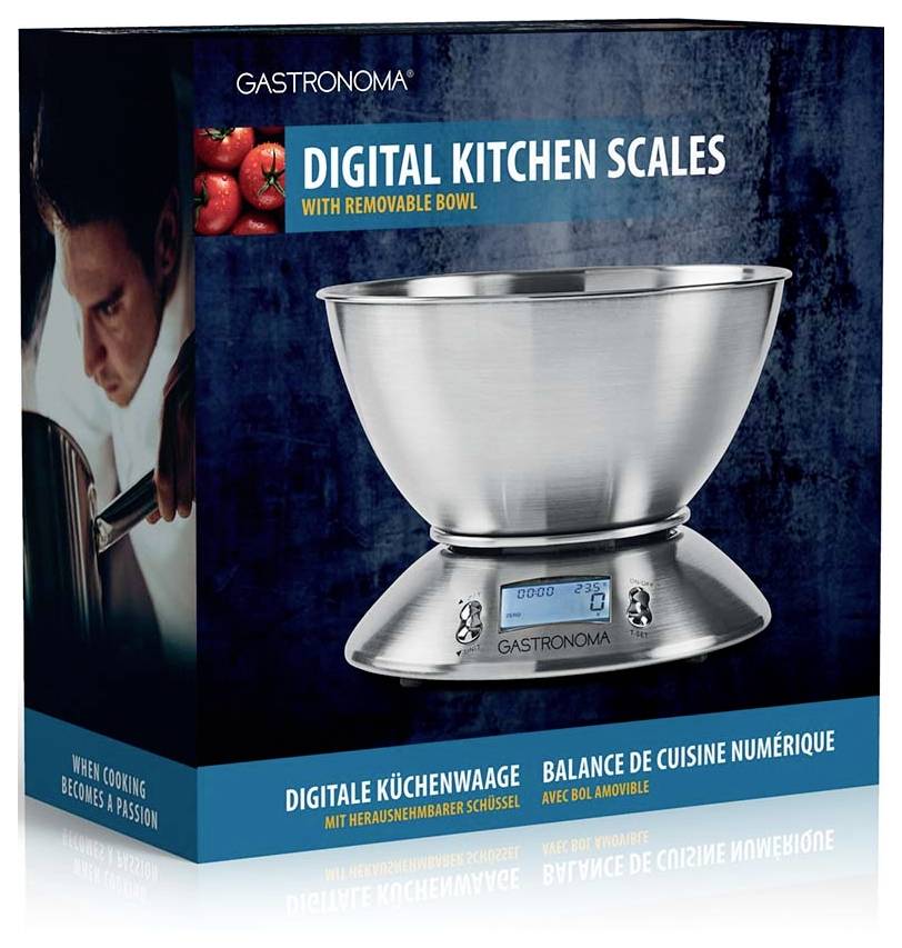 Digitale Küchenwaage mit abnehmbarer Schüssel, zeigt die Waage und ein Benutzerbild. Enthält mehrsprachige Gewichtsbeschreibungen.