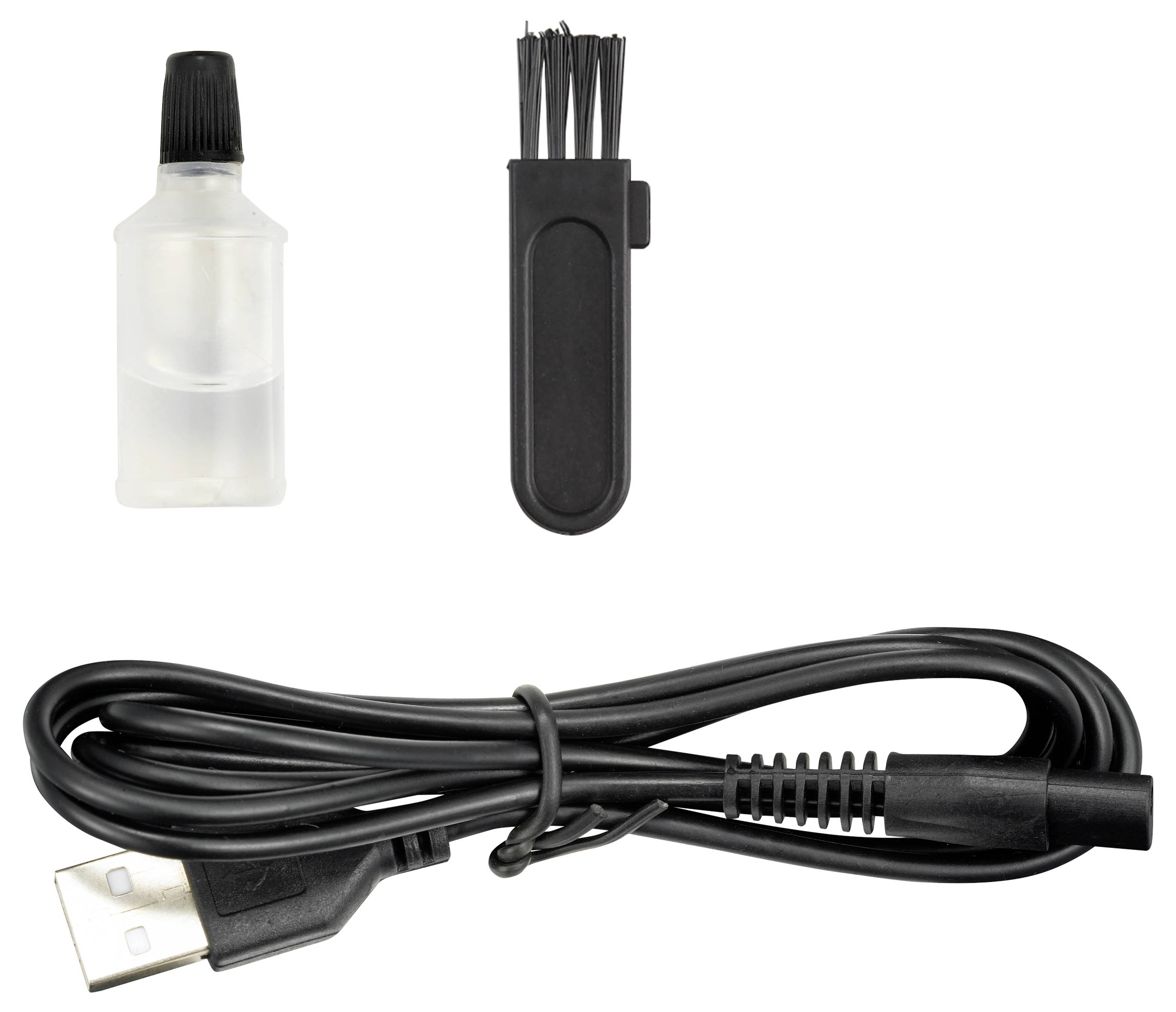 Eine kleine Flasche Reinigungslösung, ein USB-Kabel und eine kleine Bürste mit Deckel, nebeneinander angeordnet.