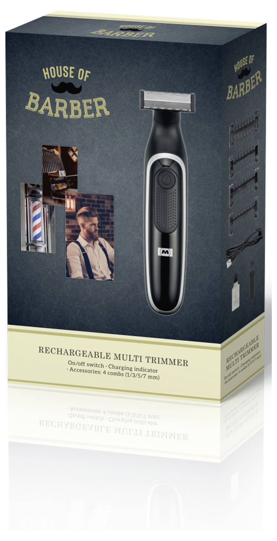 Aufladbarer Multitrimmer-Komplettsatz mit Produktansicht, enthaltenen Zubehörteilen und Markenname 