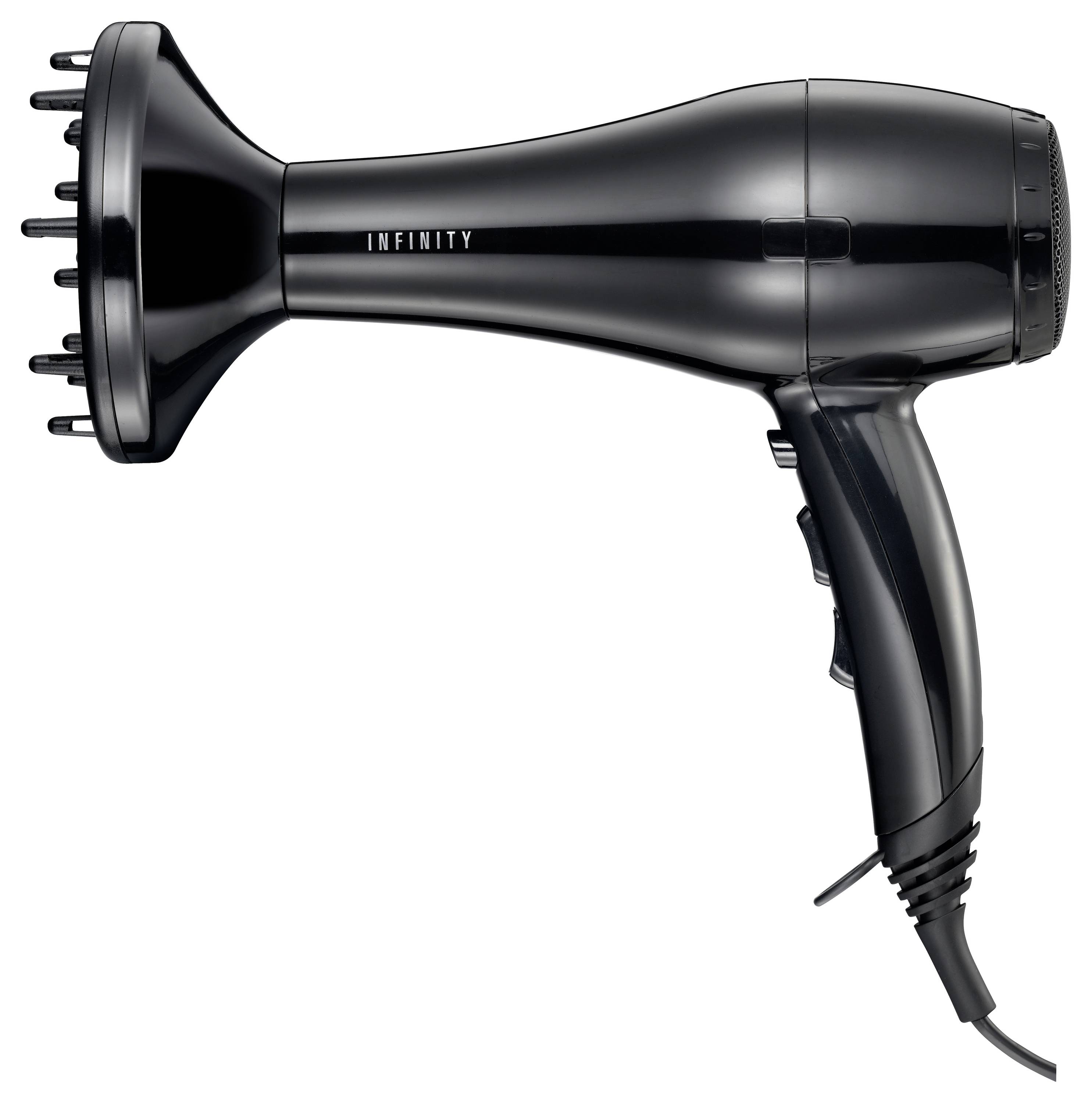 Ein schwarzer Handföhn mit Diffusoraufsatz, mit dem Etikett 'Infinity', entwickelt zum Styling und Trocknen von Haaren.