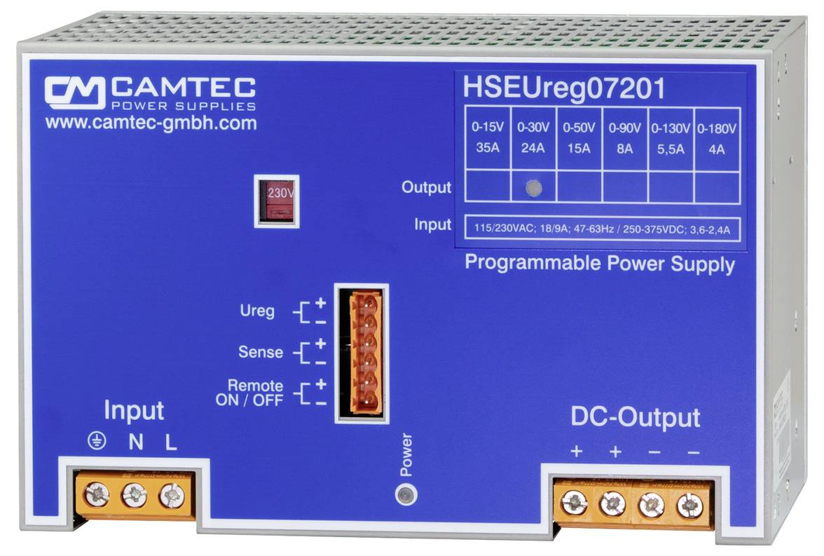 Programmierbares Netzteil von Camtec mit der Modellnummer HSEUreg07201. Merkmale umfassen Eingangs-/Ausgangsdetails und Konfigurationsanschlüsse.