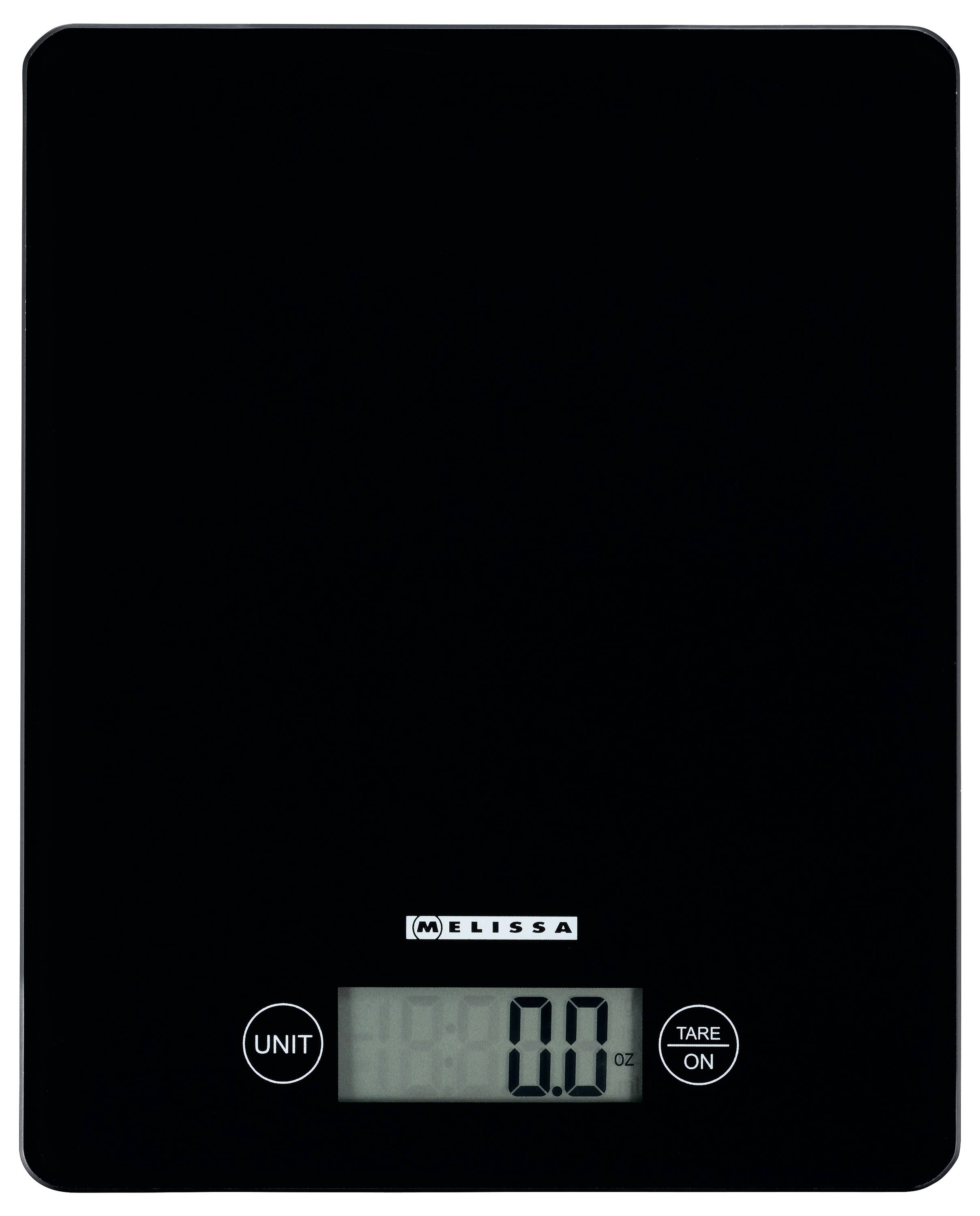 Eine schwarze digitale Küchenwaage, die '0.0 oz' auf ihrem Display zeigt, mit Tasten für Einheiten- und Tara-Funktion.