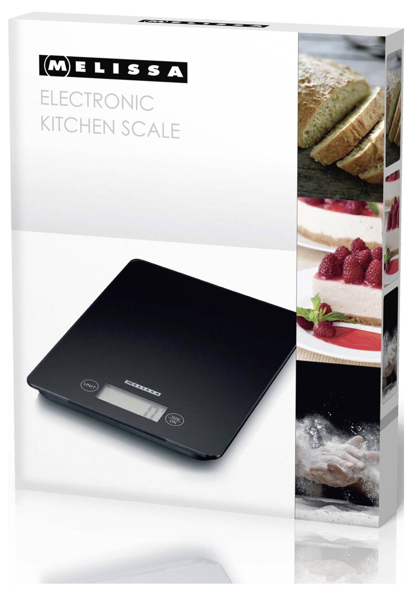 Paket der 'Melissa Elektronische Küchenwaage' mit einer digitalen Waage, Bildern von Brot, einem Kuchen mit Himbeeren und Händen, die Mehl verwenden.