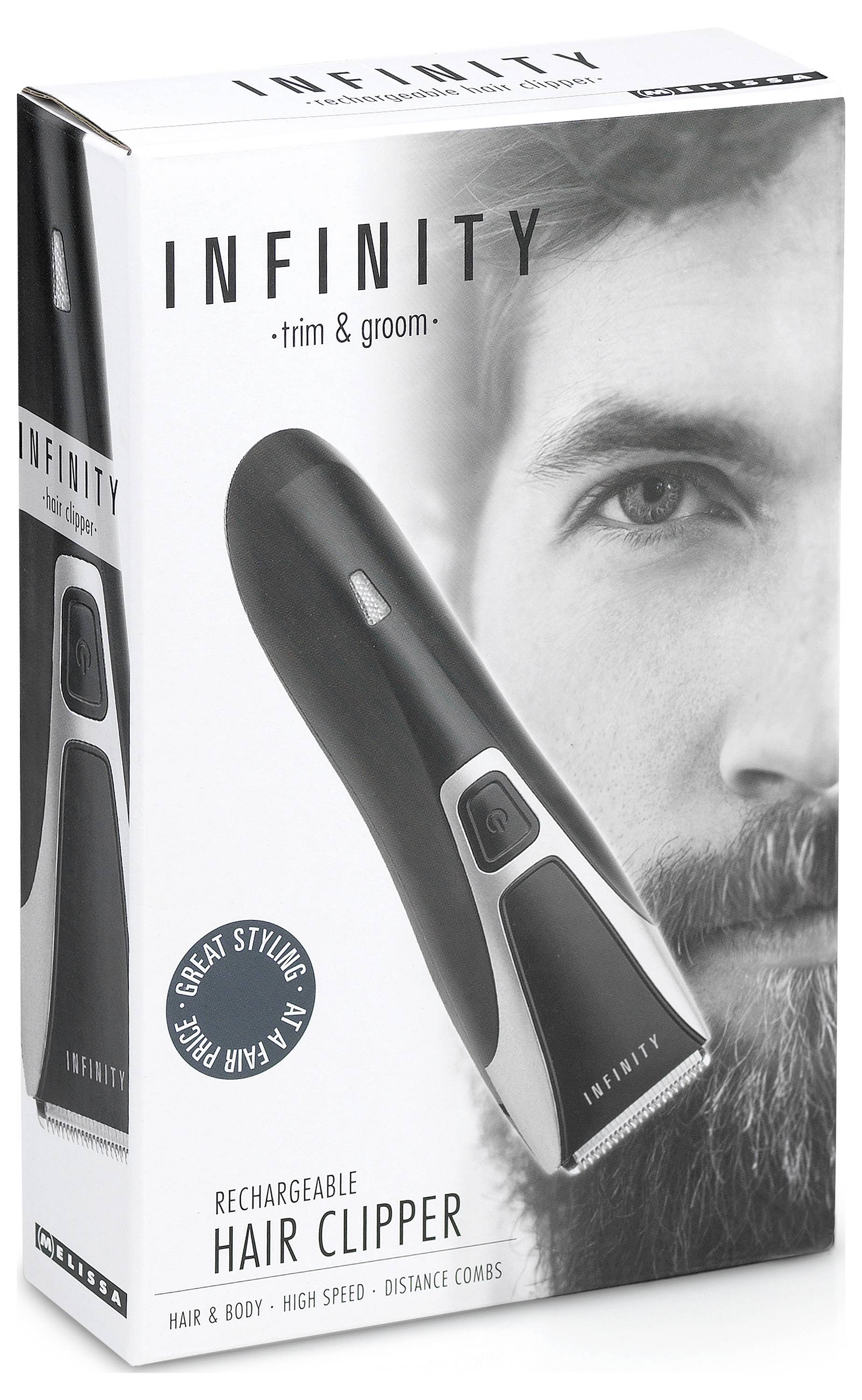 Infinity-Haarschneidemaschine mit Wiederaufladbarkeit in einer Schachtel mit einer Nahaufnahme eines bärtigen Gesichts. Enthält Funktionen wie ‚Trimmen & Styling' und ‚Perfekter Look'.