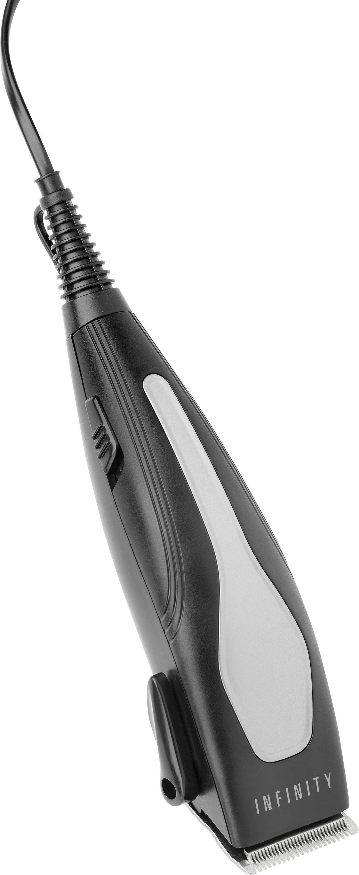 Elektrische Haarschneidemaschine mit einem schwarz-weißen Design, ausgestattet mit einem Kabel und mit dem Schriftzug 'Infinity' versehen.