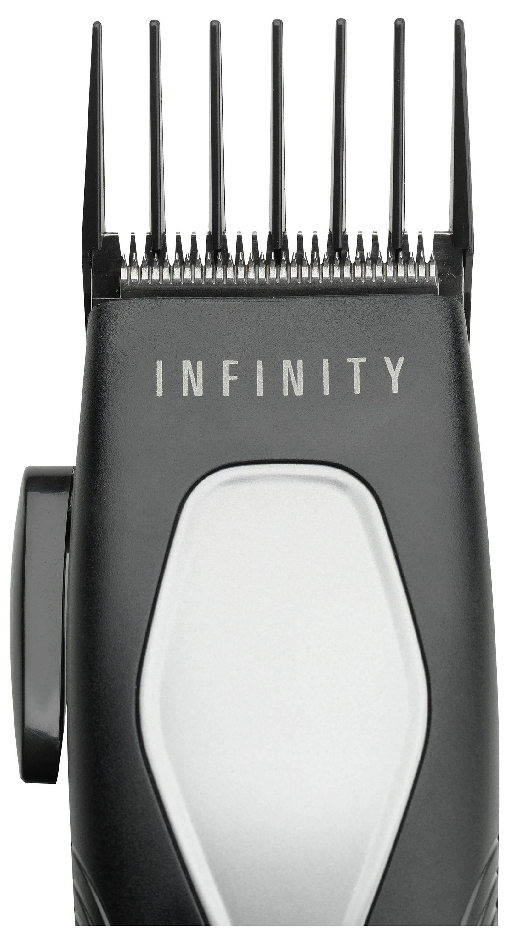Elektrische Haarschneidemaschine mit dem Wort 'INFINITY' oben, ausgestattet mit einem verstellbaren Kammaufsatz für unterschiedliche Haarlängen.