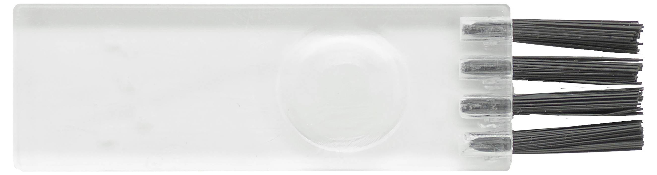 Eine kleine Plastikbürste mit mehreren schwarzen Borsten, die typischerweise zum Reinigen empfindlicher oder schwer zugänglicher Bereiche verwendet wird.