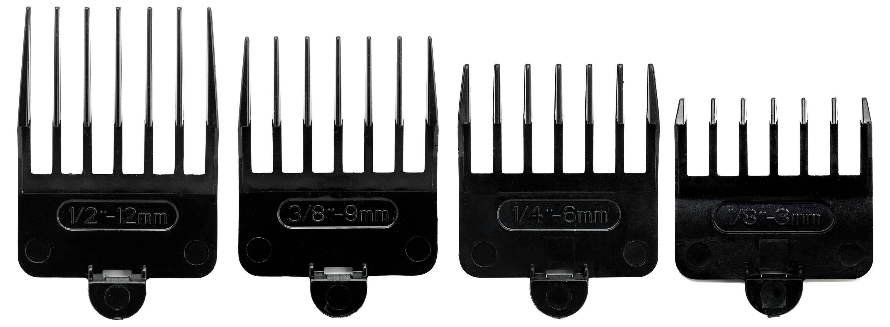 Vier schwarze Haarschneidemaschinen-Schutzaufstze in verschiedenen Größen: 1/2