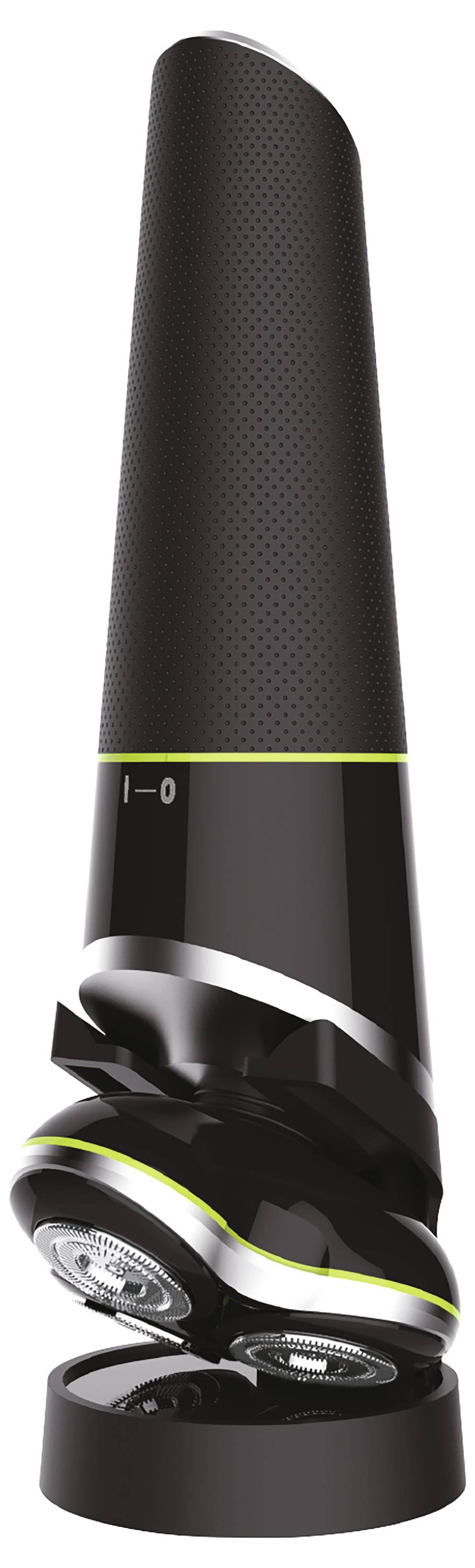 Ein schlanker, moderner schwarzer Elektrorasierer mit konischer Gestaltung und metallischen Akzenten, ausgestattet mit drei kreisrunden Rotationsköpfen.