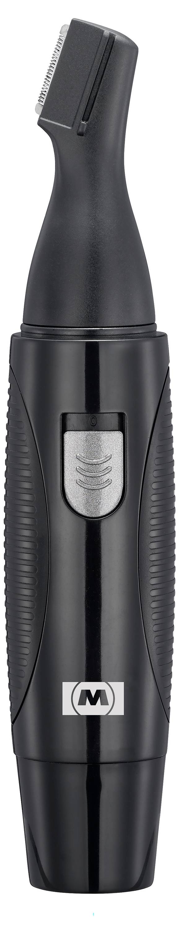 Ein schwarzer elektrischer Trimmer mit einem gebogenen Kopf und einem silbernen Knopf in der Mitte, entwickelt für präzises Styling und Detailarbeit.