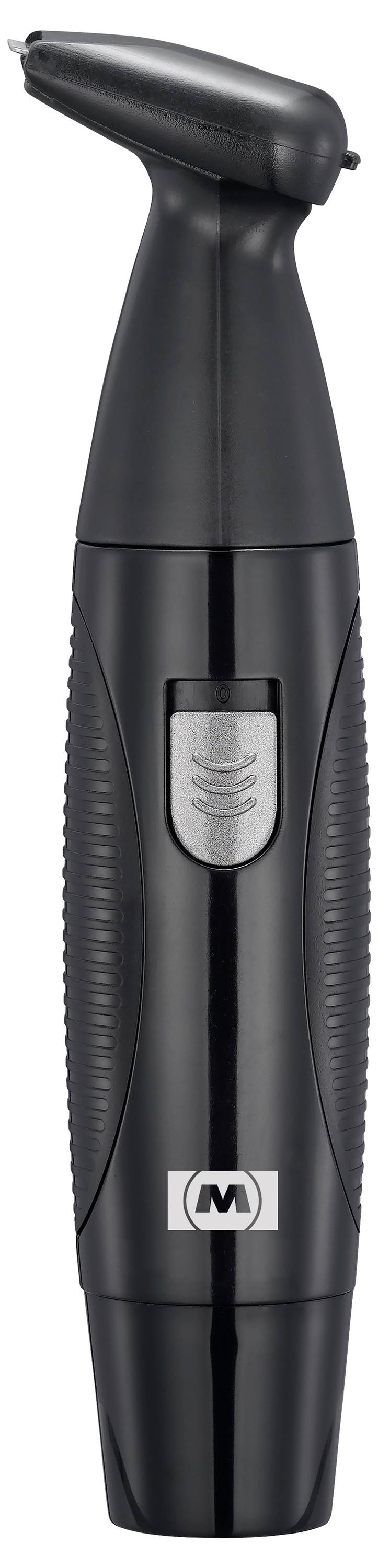 Ein schwarzer, tragbarer elektrischer Nasen- und Ohrhaarschneider mit einem Logo in der Nähe des unteren Endes, der mit einer Schutzkappe auf dem Trimmer-Kopf ausgestattet ist.
